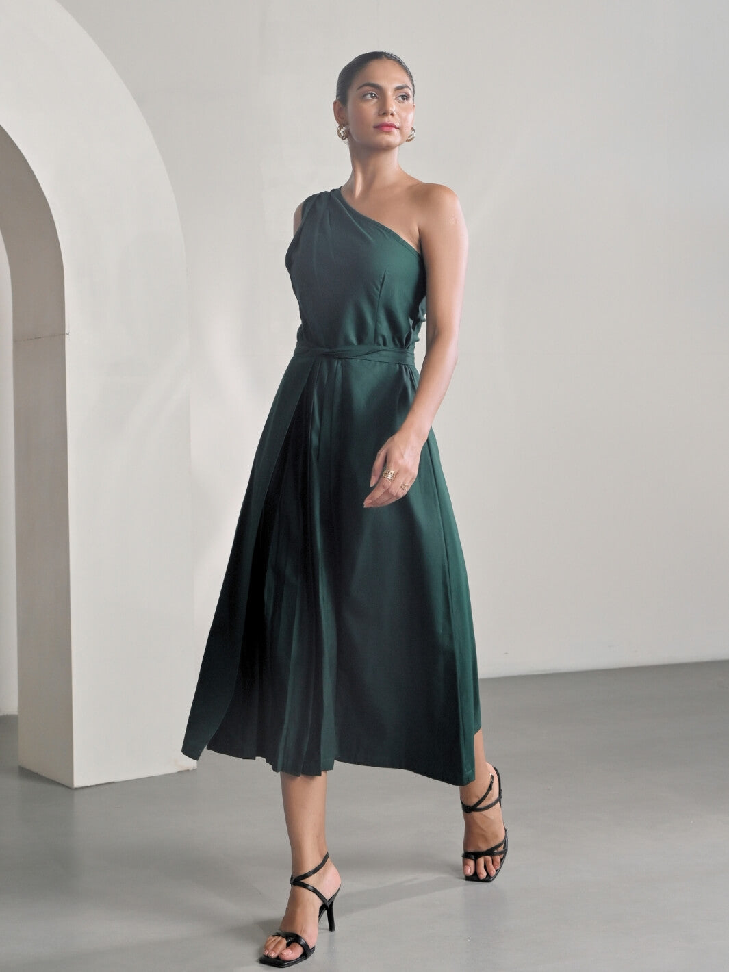 Green Cotton Satin One Shoulder Party Dress