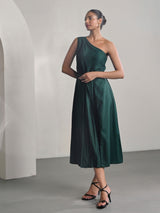 Green Cotton Satin One Shoulder Party Dress