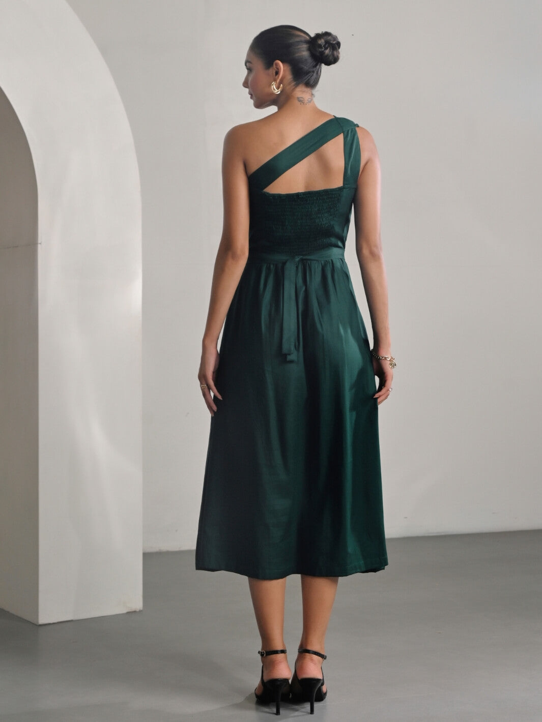 Green Cotton Satin One Shoulder Party Dress