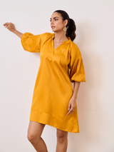 Orange Cotton Satin Short Party Dress with Balloon Sleeves