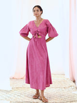 Pink Cotton Printed Maxi Dress with Balloon Sleeves