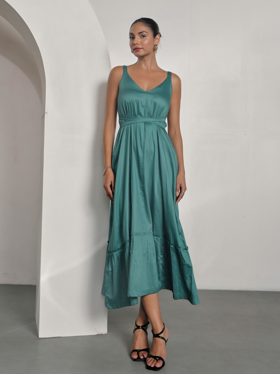 Green Cotton Satin Sleeveless Party Dress