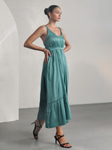 Green Cotton Satin Sleeveless Party Dress