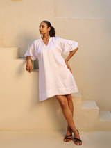 White Cotton Satin Short Party Dress with Balloon Sleeves