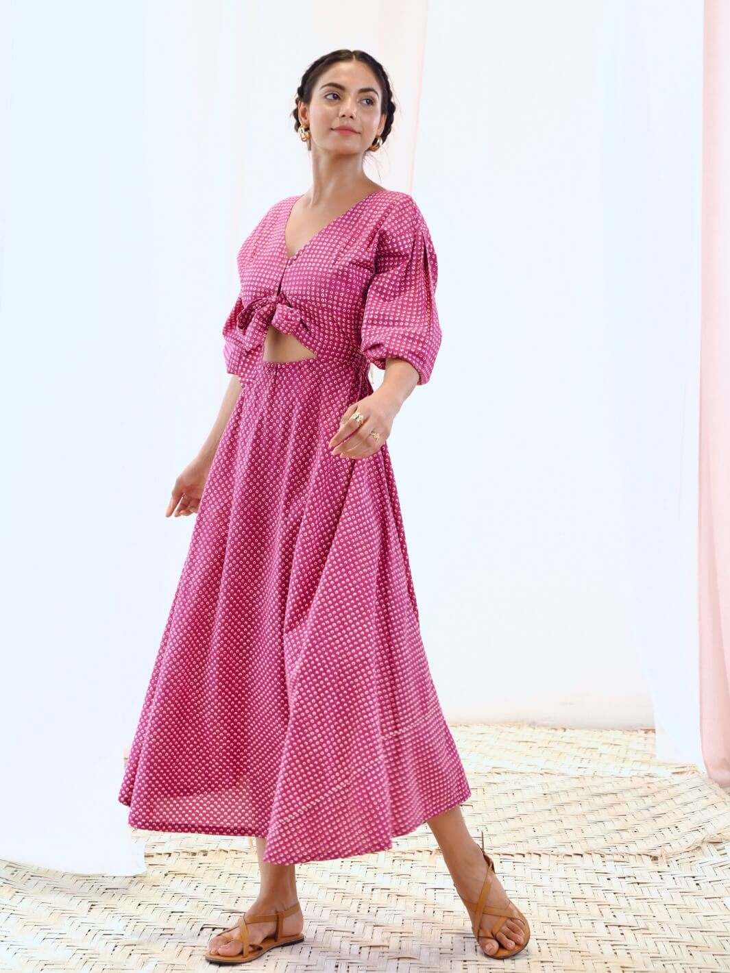 Pink Cotton Printed Maxi Dress with Balloon Sleeves