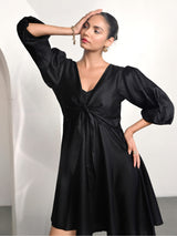 Black V-Neck Short Party Dress with Balloon Sleeves