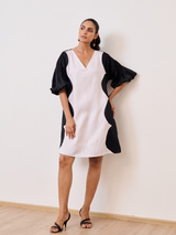 White & Black Cotton Satin V-Neck Short Party Dress