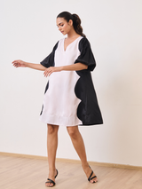 White & Black Cotton Satin V-Neck Short Party Dress