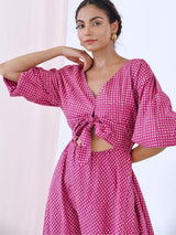 Pink Cotton Printed Maxi Dress with Balloon Sleeves