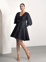 Black V-Neck Short Party Dress with Balloon Sleeves