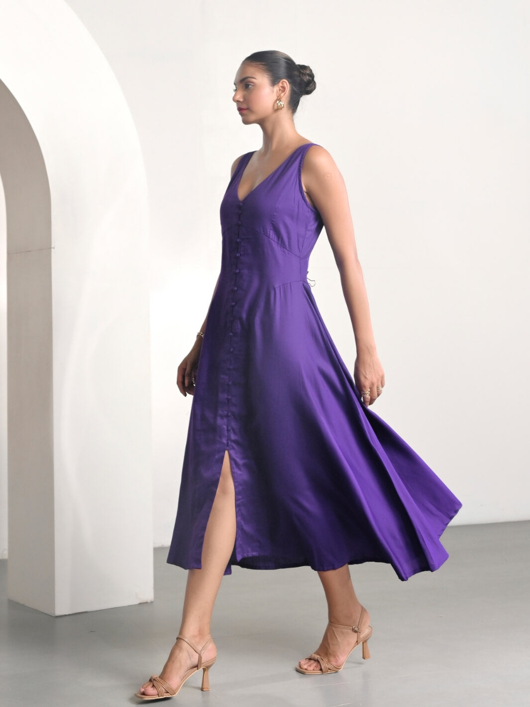 Purple Cotton Satin Sleeveless Party Dress