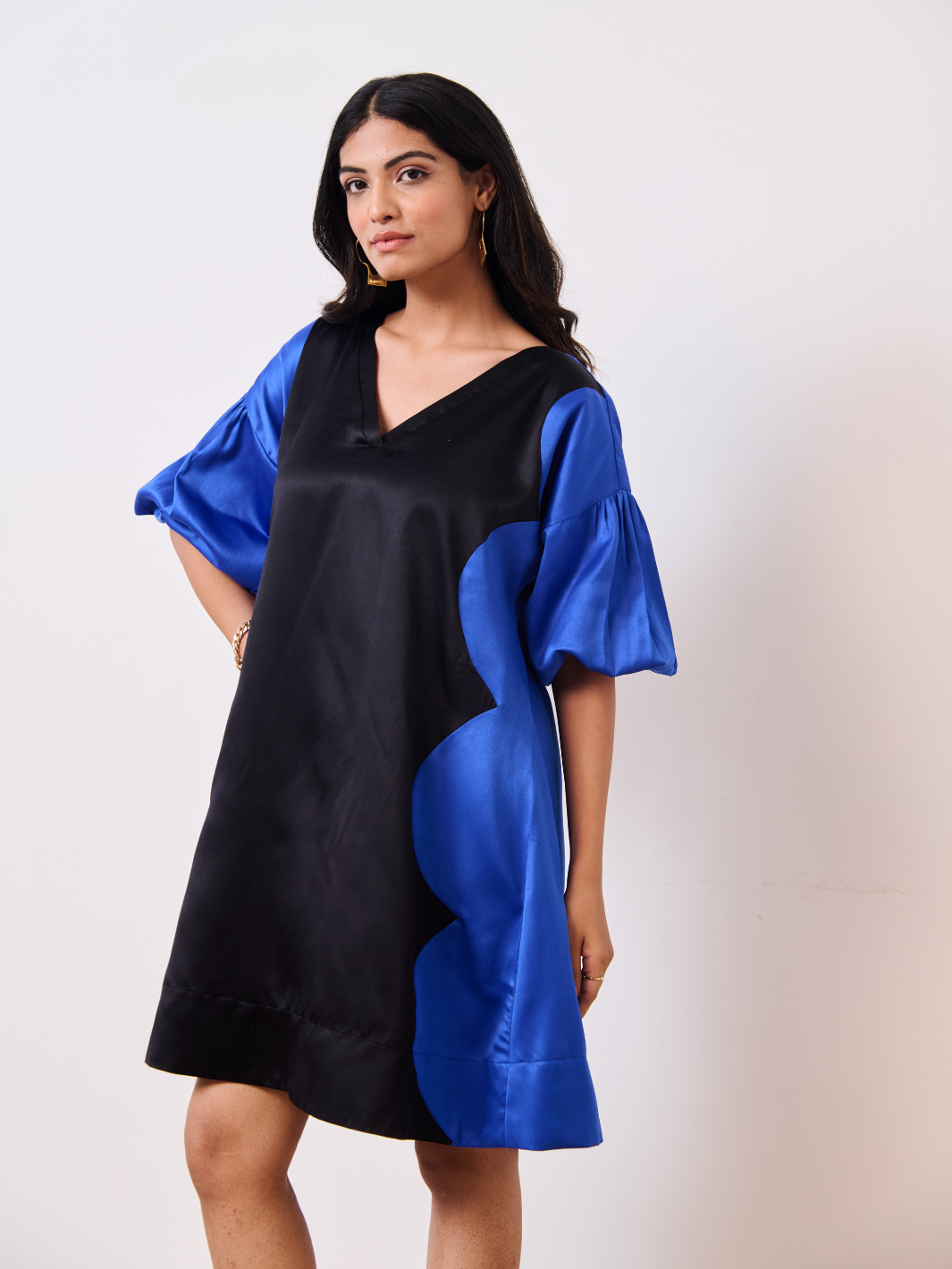 Blue & Black Cotton Satin V-Neck Short Party Dress