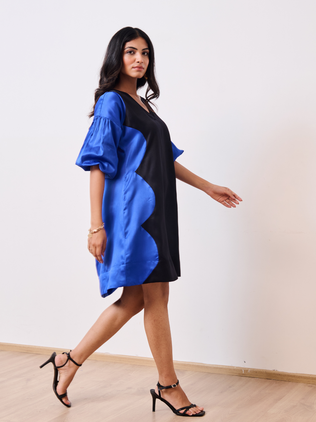 Blue & Black Cotton Satin V-Neck Short Party Dress