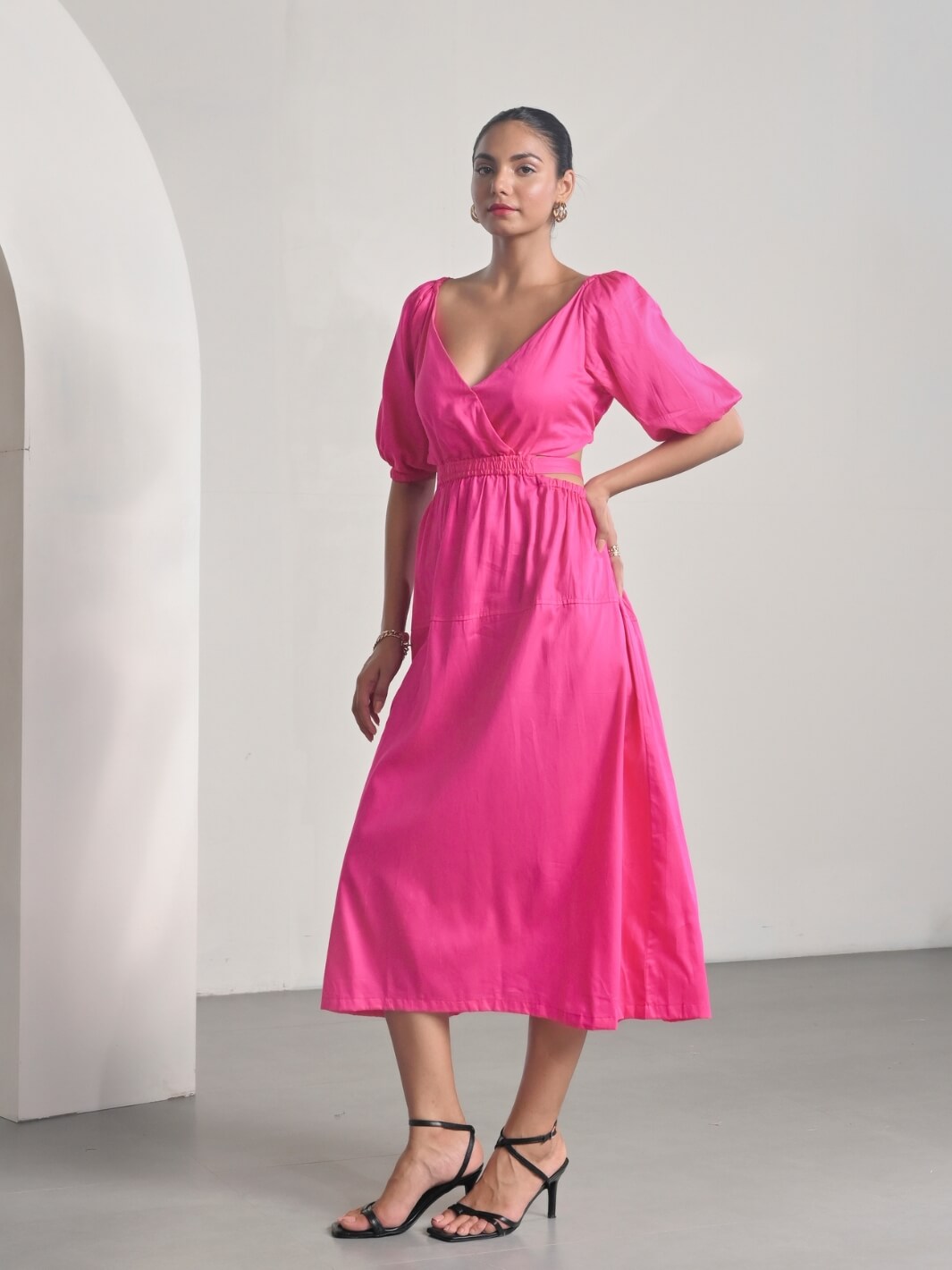 Pink Cotton Satin Deep-V Bareback Party Dress