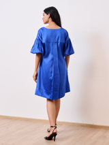 Blue & Black Cotton Satin V-Neck Short Party Dress