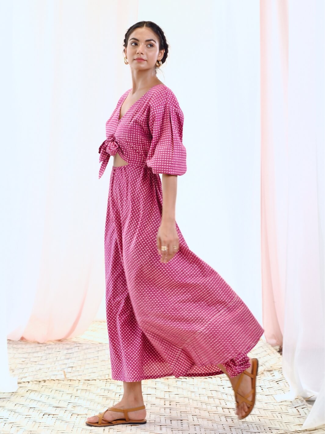 Pink Cotton Printed Maxi Dress with Balloon Sleeves