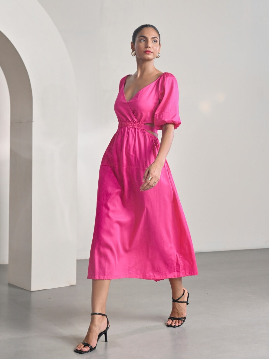 Pink Cotton Satin Deep-V Bareback Party Dress