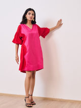 Red & Pink Cotton Satin V-Neck Short Party Dress