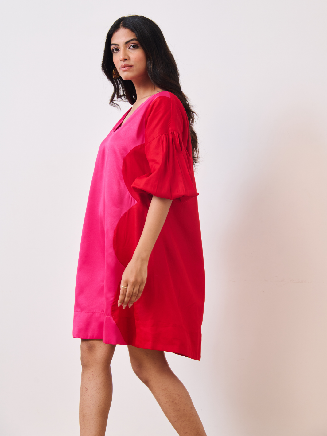 Red & Pink Cotton Satin V-Neck Short Party Dress