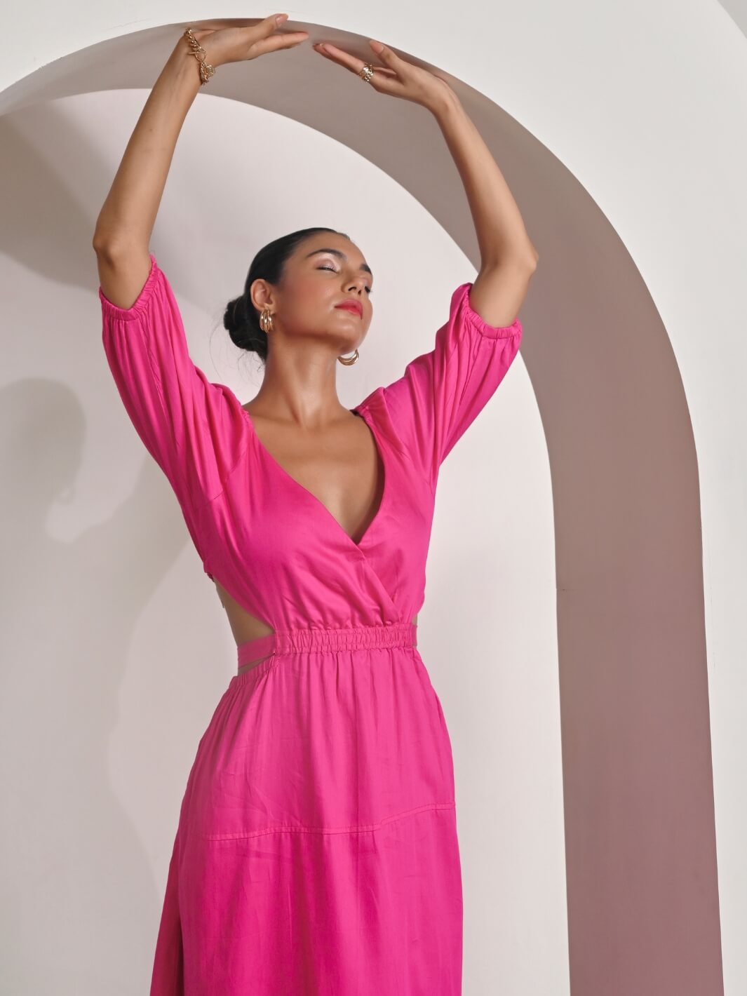 Pink Cotton Satin Deep-V Bareback Party Dress