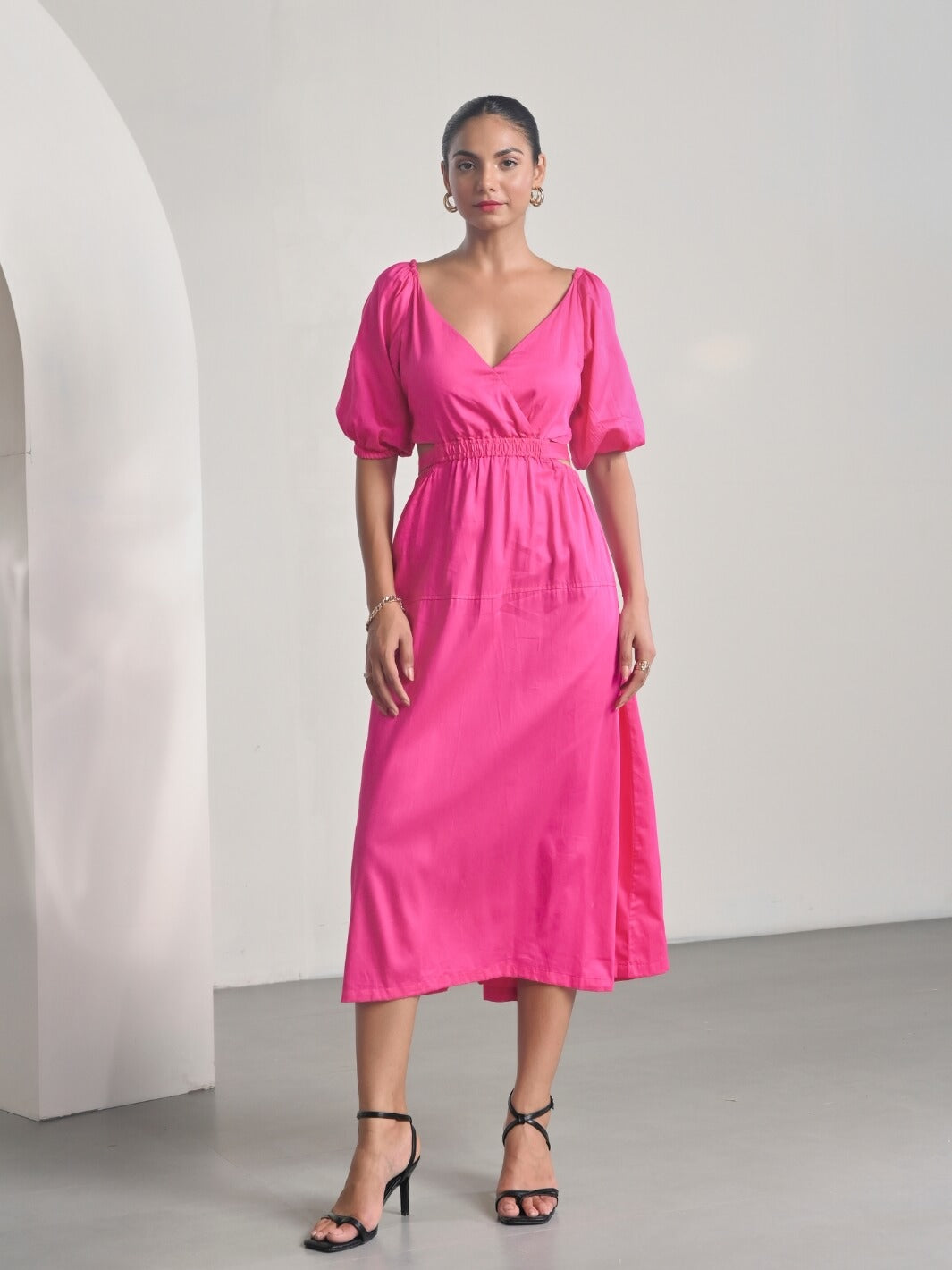 Pink Cotton Satin Deep-V Bareback Party Dress