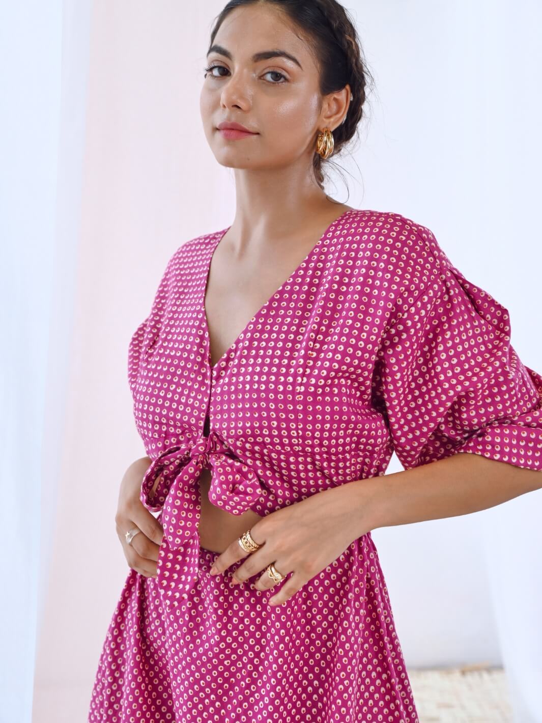 Pink Cotton Printed Maxi Dress with Balloon Sleeves