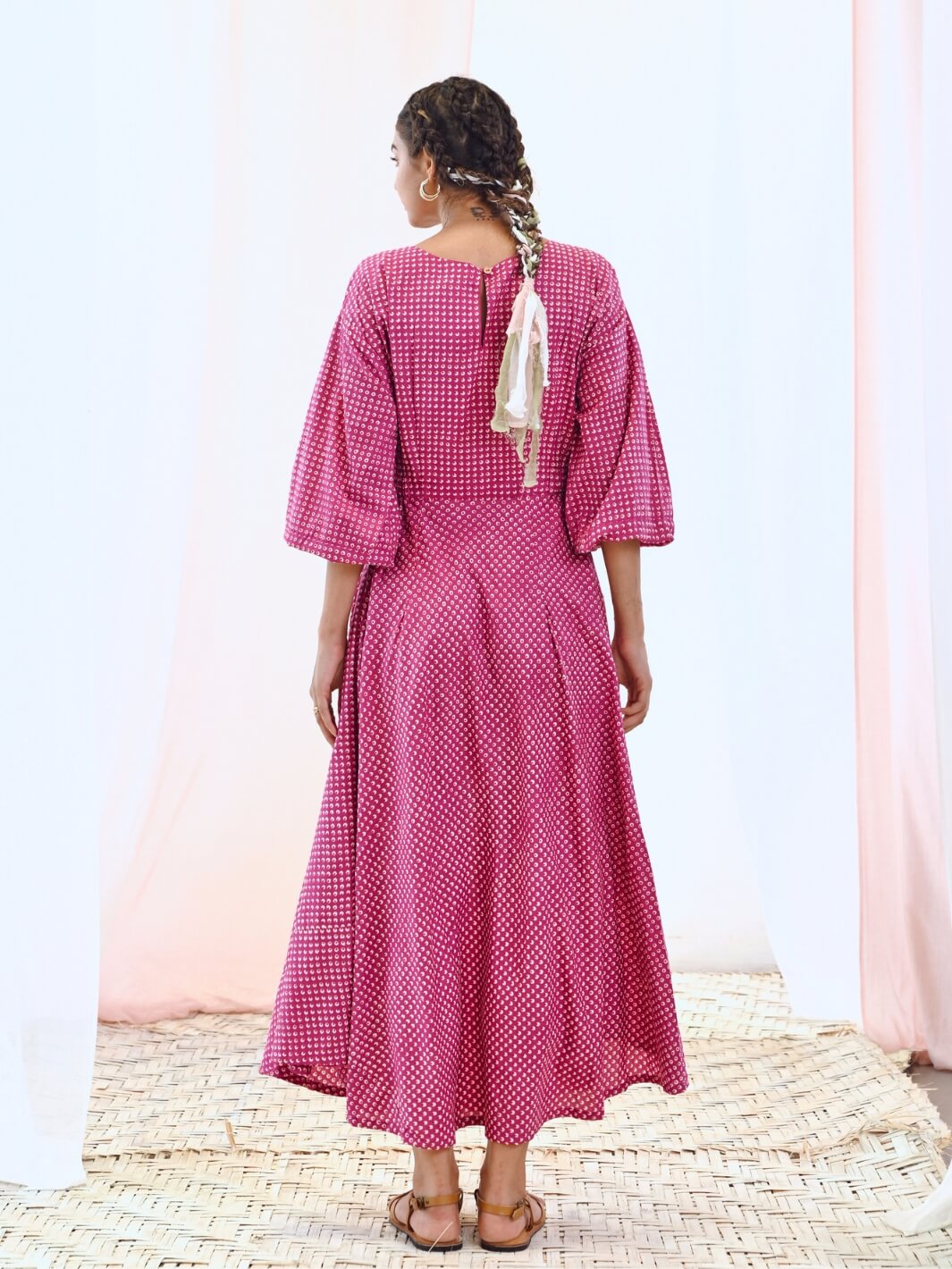 Pink Cotton Printed Maxi Dress with Balloon Sleeves