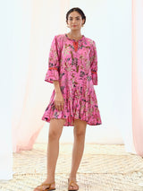 Pink Cotton Printed Short Floral Dress