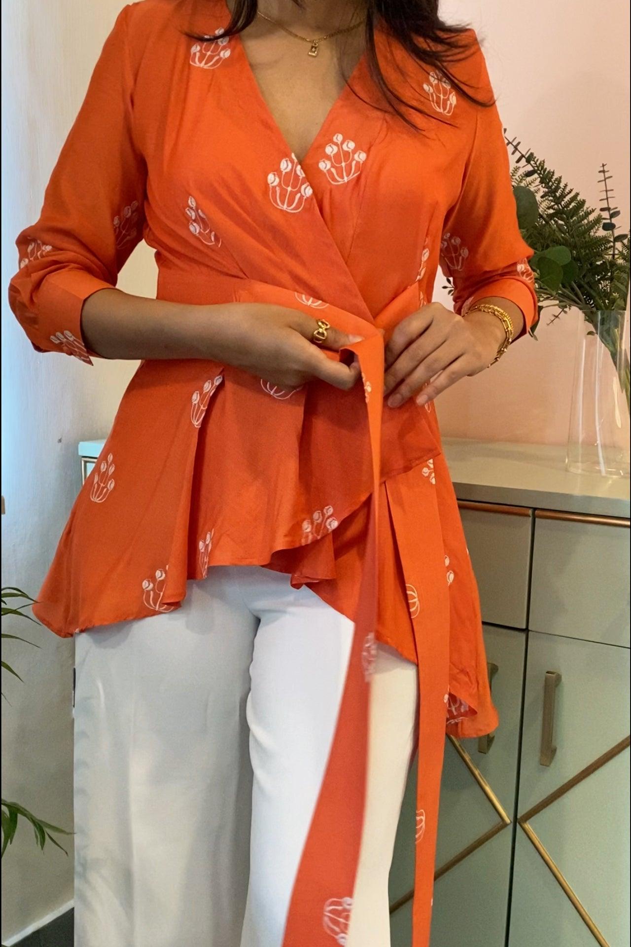 Orange Embroidered Wrap Top