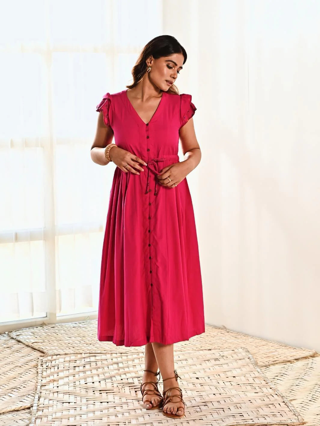 Fuchsia Cotton Long Shirt Dress