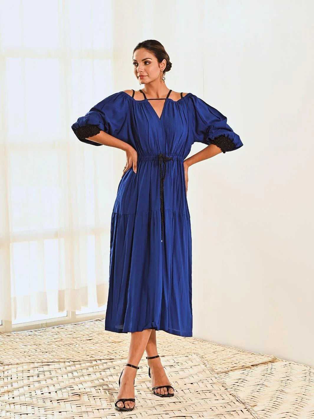 Blue Cotton Cold Shoulder Long Dress