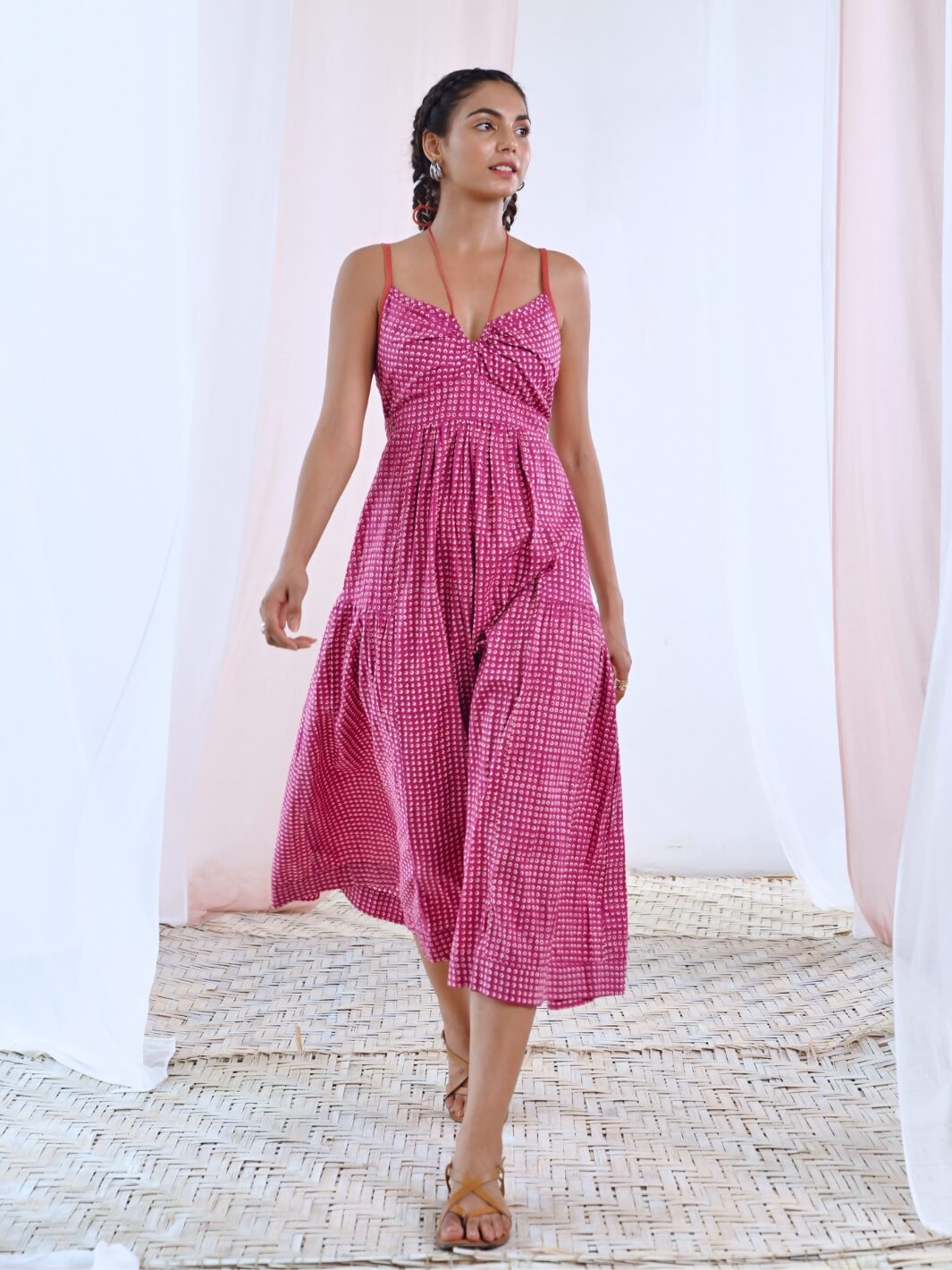 Pink Printed Midi Dress with Tie-up Keyhole Neckline