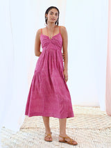 Pink Printed Midi Dress with Tie-up Keyhole Neckline