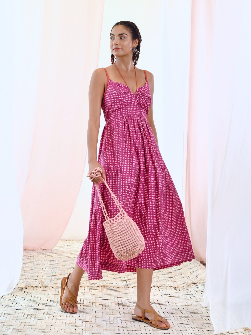 Pink Printed Midi Dress with Tie-up Keyhole Neckline