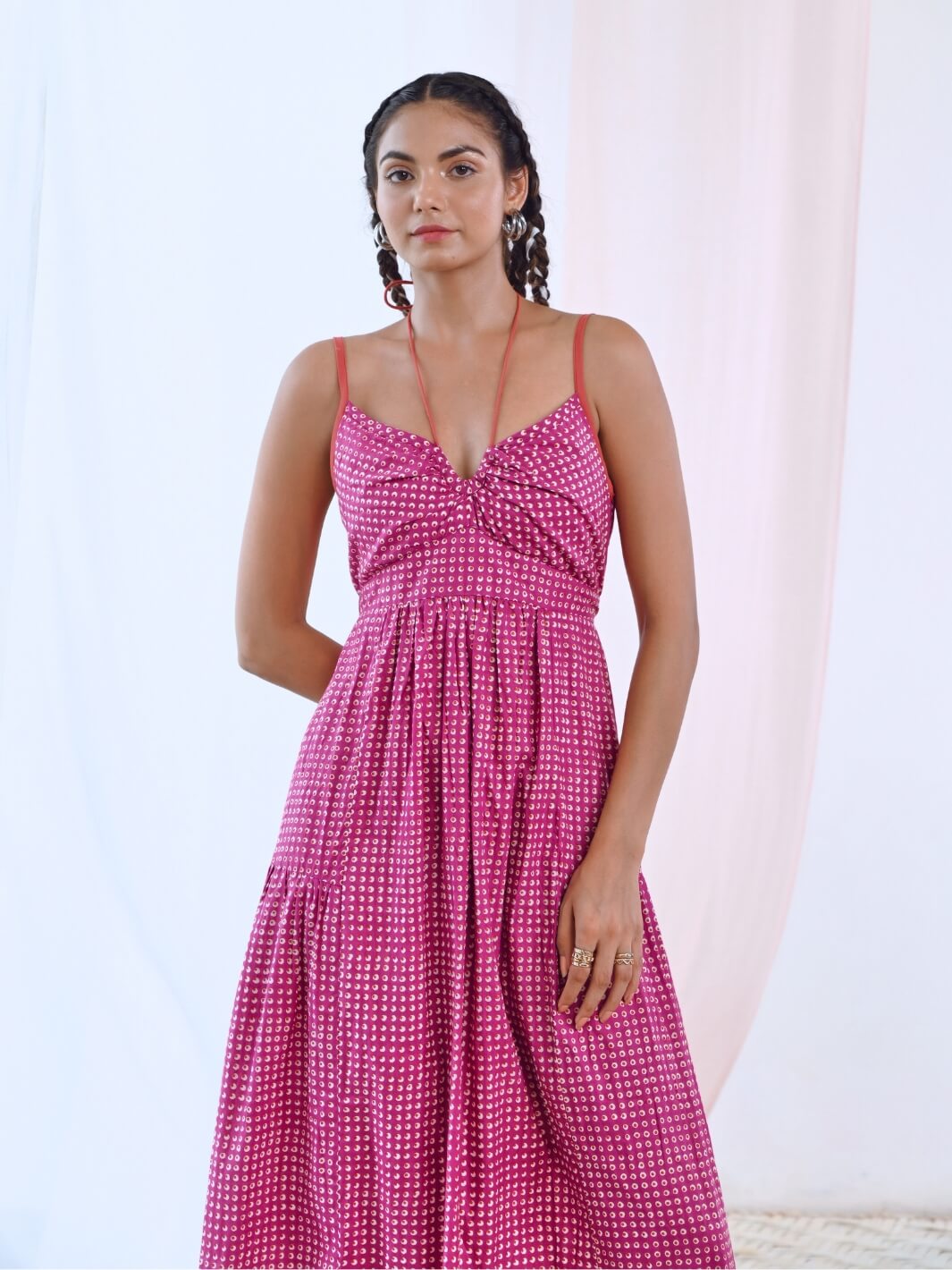 Pink Printed Midi Dress with Tie-up Keyhole Neckline