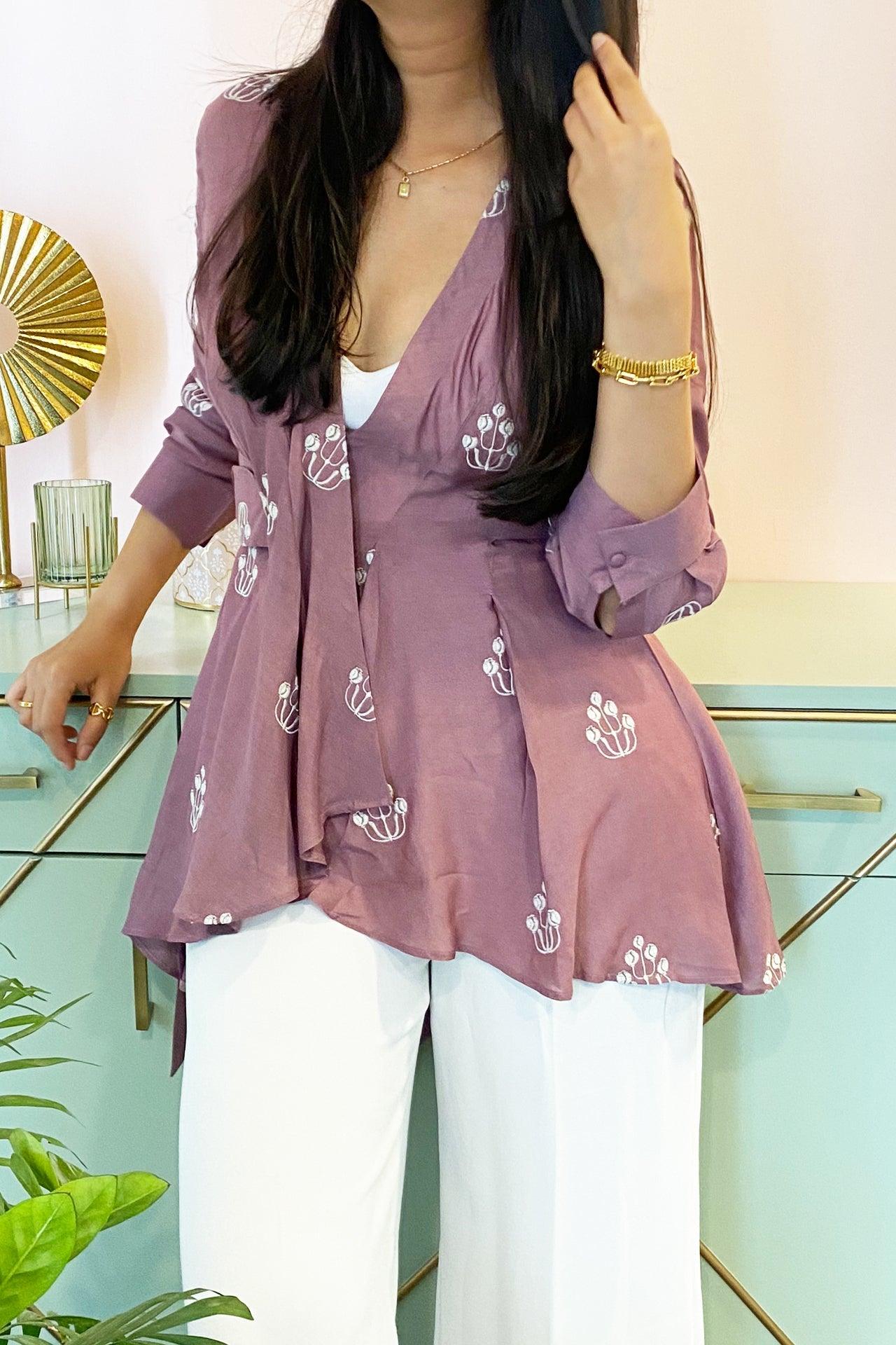 Purple Embroidered Wrap Top