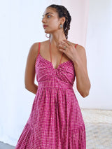 Pink Printed Midi Dress with Tie-up Keyhole Neckline