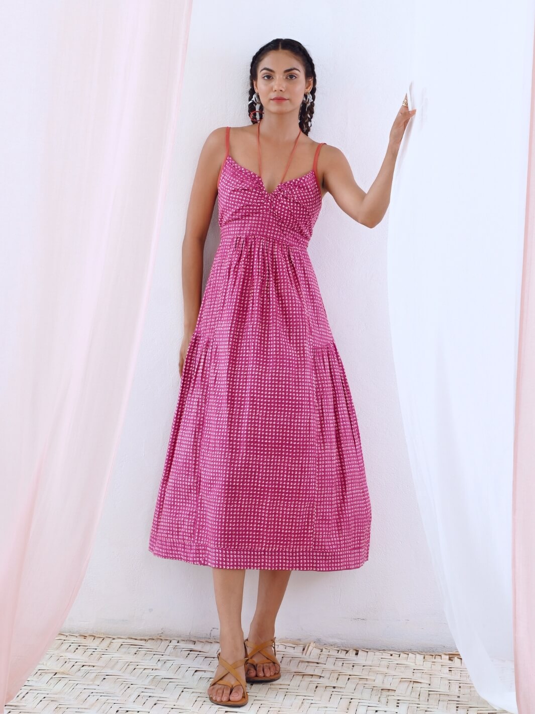 Pink Printed Midi Dress with Tie-up Keyhole Neckline