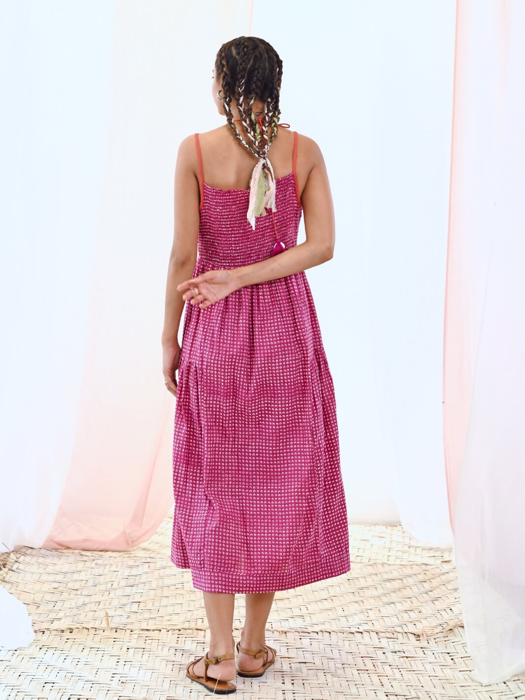 Pink Printed Midi Dress with Tie-up Keyhole Neckline