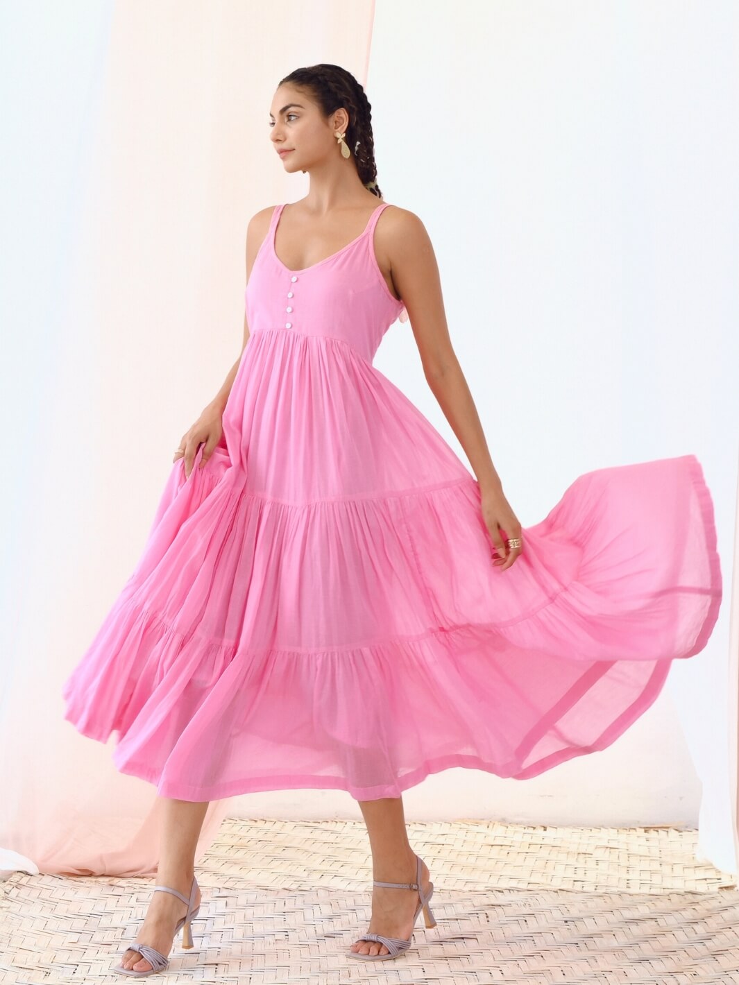 Pink Cotton Voile Flared Maxi Dress