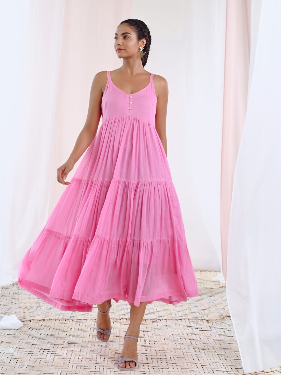 Pink Cotton Voile Flared Maxi Dress