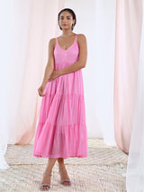 Pink Cotton Voile Flared Maxi Dress