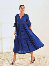 Blue Cotton Maxi Long Dress with Belt