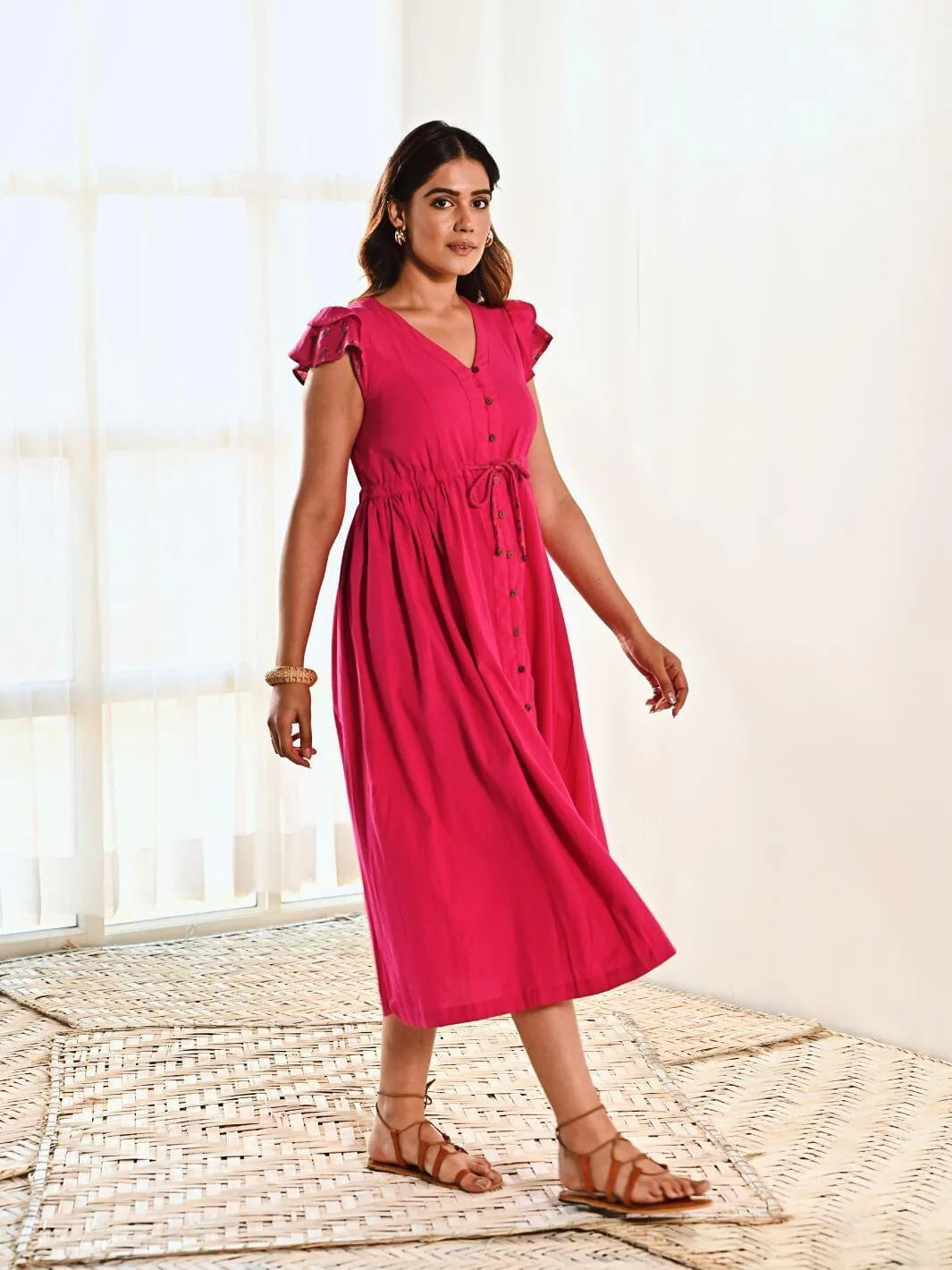 Fuchsia Cotton Long Shirt Dress