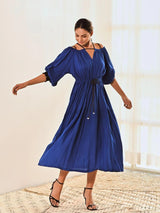 Blue Cotton Cold Shoulder Long Dress