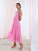 Pink Cotton Voile Flared Maxi Dress