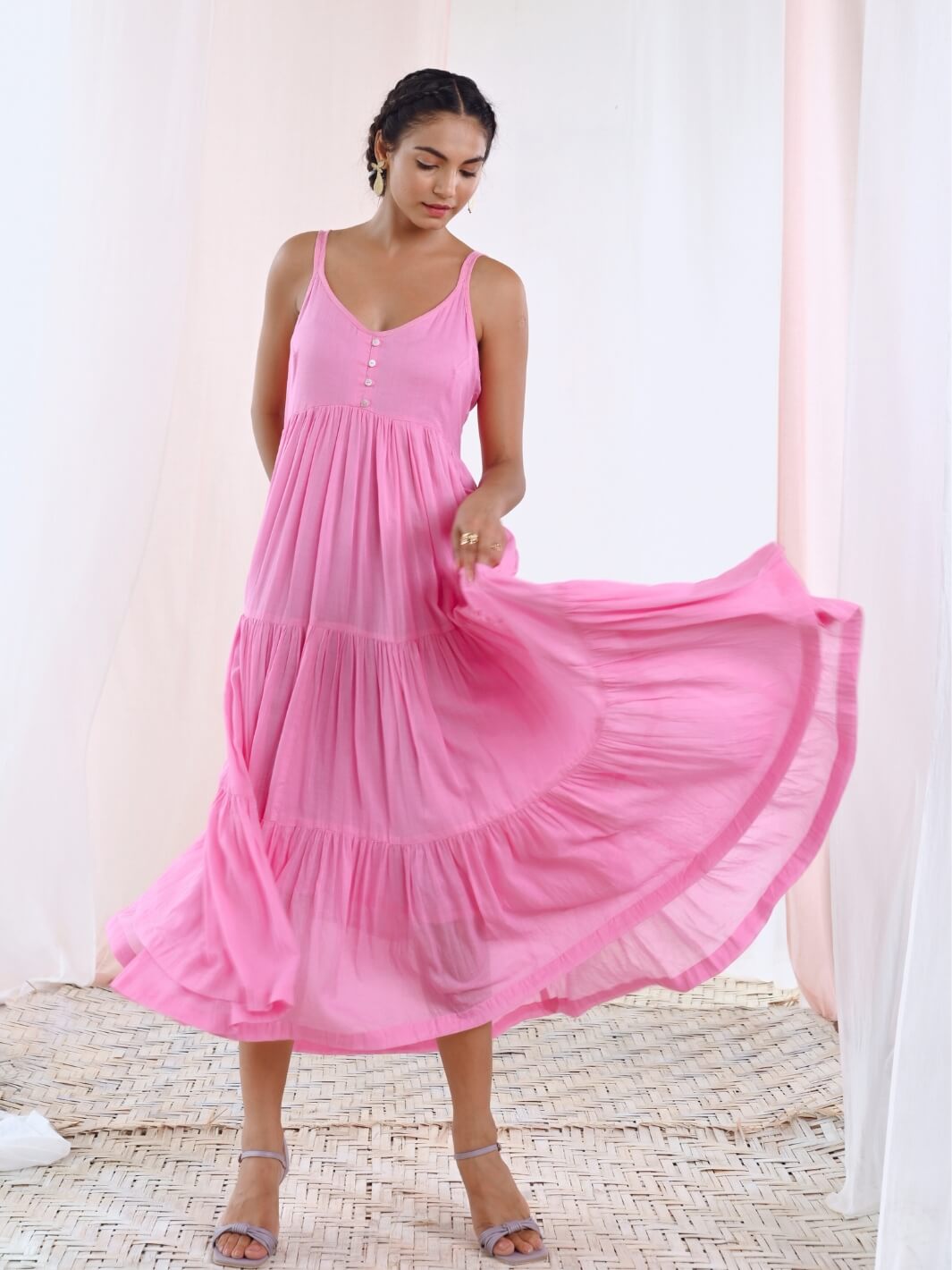 Pink Cotton Voile Flared Maxi Dress