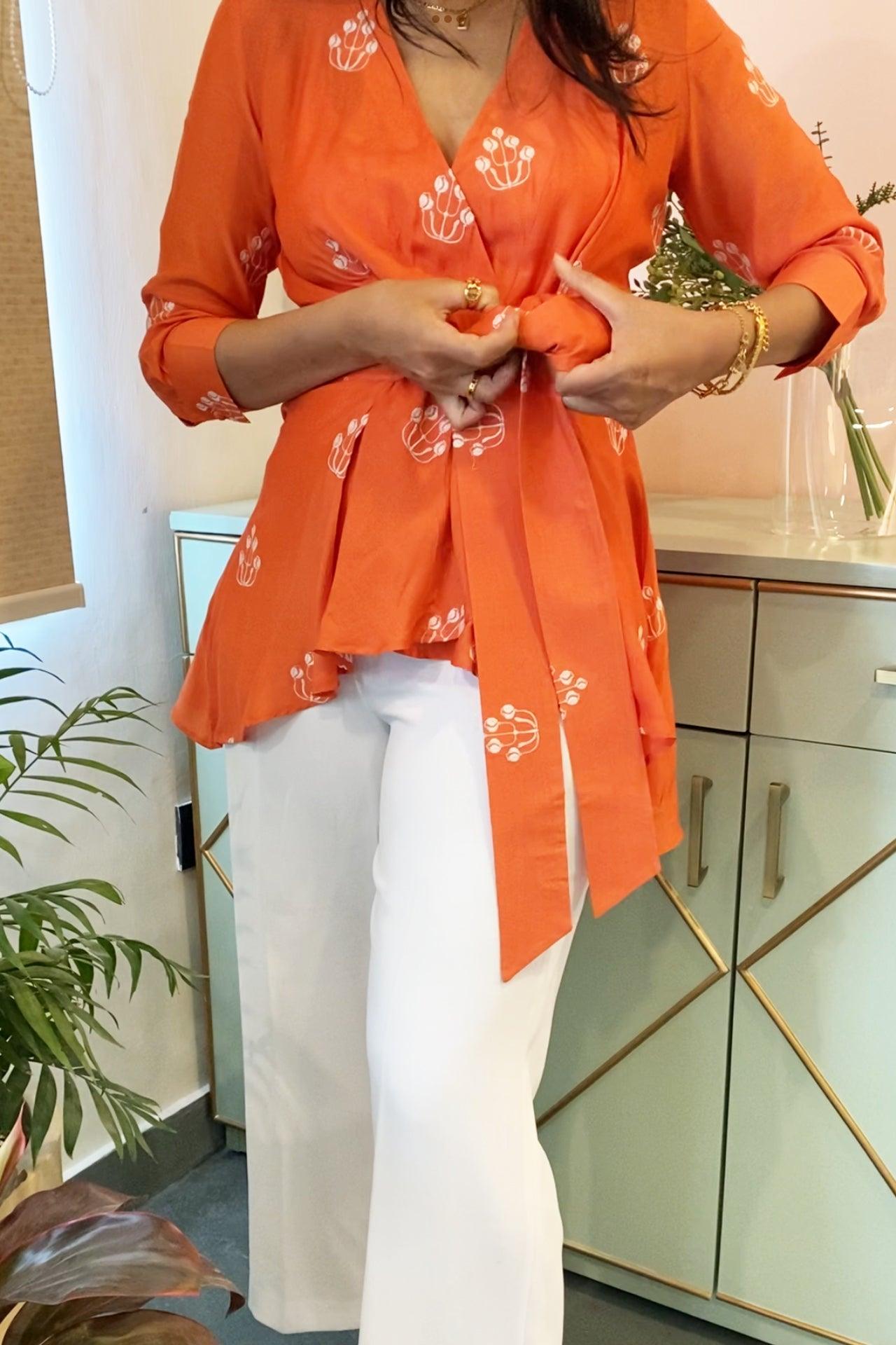 Orange Embroidered Wrap Top