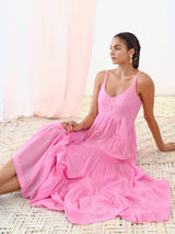 Pink Cotton Voile Flared Maxi Dress