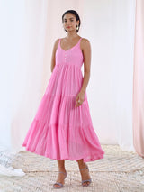 Pink Cotton Voile Flared Maxi Dress